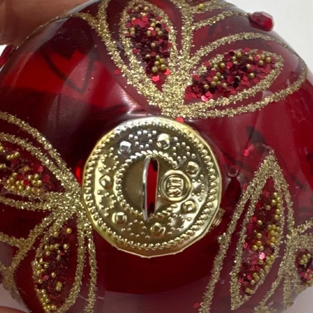 2 Red Glass Christmas Ornaments Gold Glitter Leaf Sequin Rhinestone 3 inch Round
